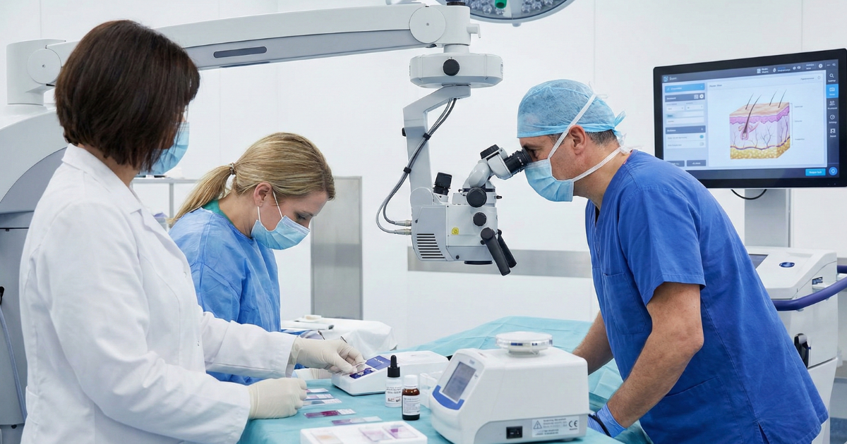 Medicinski tim koristi mikroskop i laboratorijsku opremu tokom intraoperativne analize uzorka kože u okviru Mohs hirurgije.