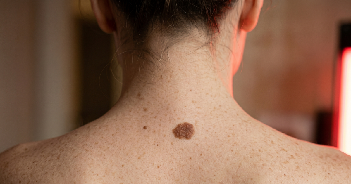 Krupan prikaz mladeža na gornjem delu leđa osobe tokom samopregleda kože radi ranog otkrivanja melanoma i drugih promena na koži.